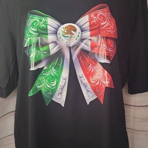 Womans Black Mexican Flag Bow Graphic Cotton Short Sleeve Crew Neck T-Shirt